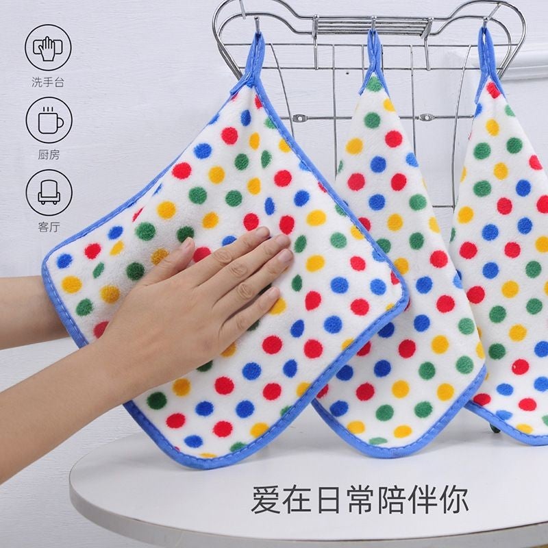 New Polka Dot Coral Fleece Rag Kitchen Wipe Table Thickened Water Absorbent Washing Square Household Towel With Lanyard Wipe Towel - Image 2